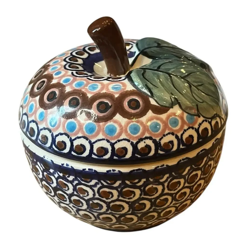 Nowogrodziec Polish Pottery Ceramic Apple Baker Dish Trinket 4.5” Wide